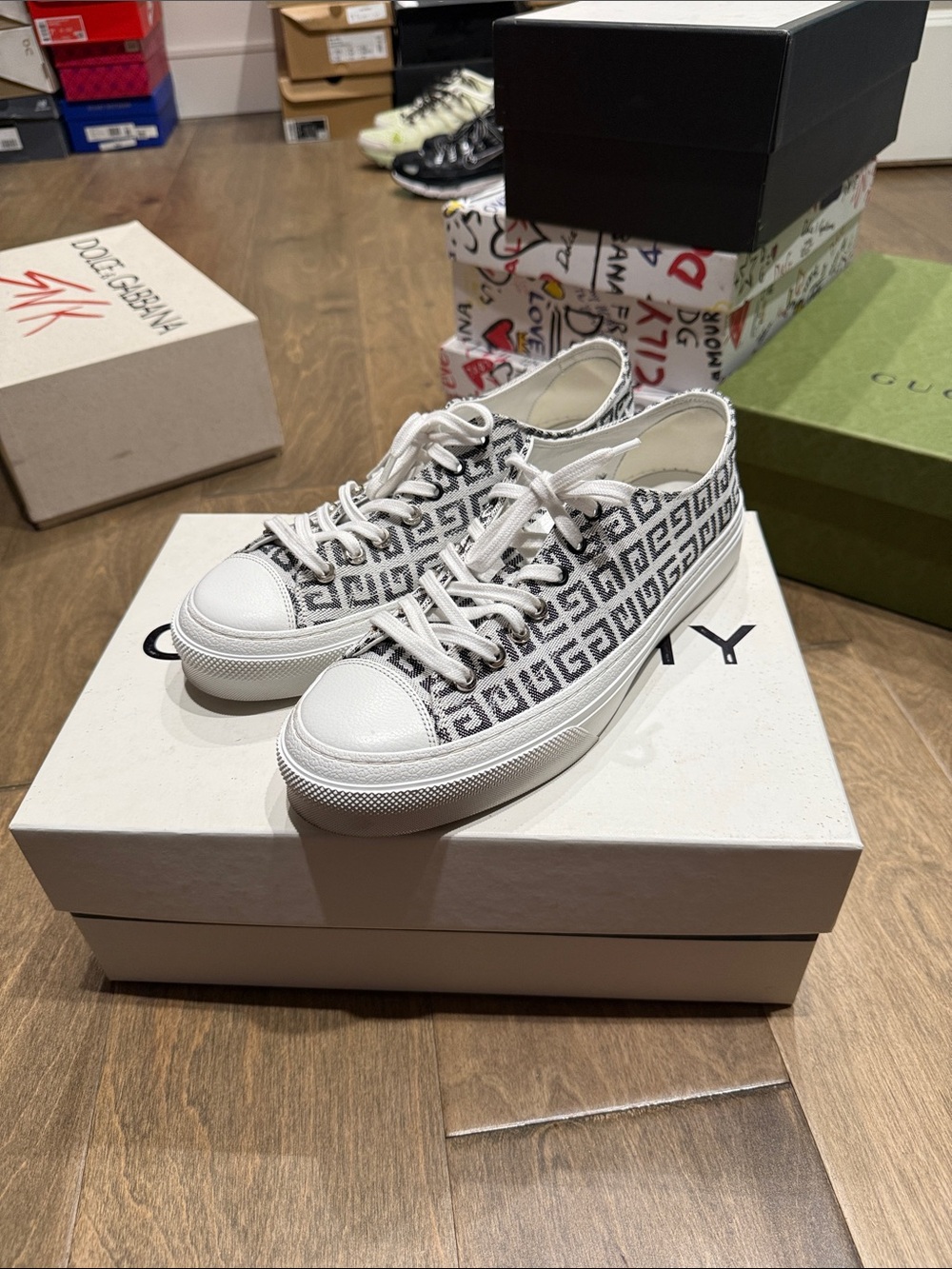 Givenchy White and Black Monogram Canvas Low-Top Sneakers